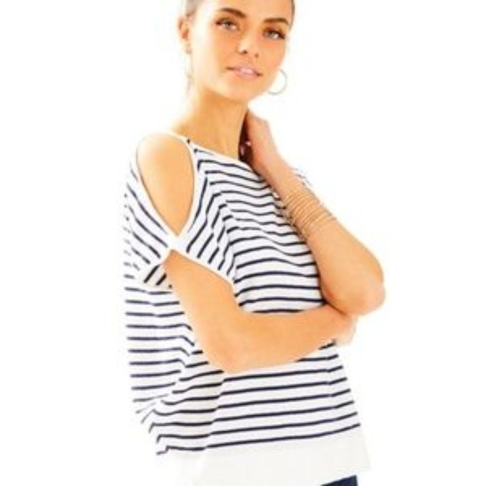 Lilly Pulitzer White and Navy Striped Cold-Shoulder Sweater